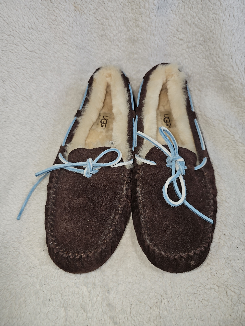 UGG Dakota Chocolate & Blue Suede Moccasin Slippers Shoes WOMEN'S SIZE 8. - Picture 7 of 10